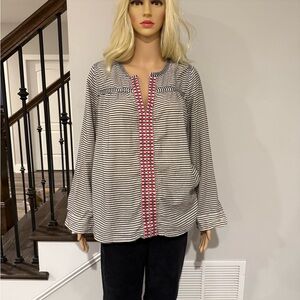 J Crew Chic Striped Blouse with Red Accents